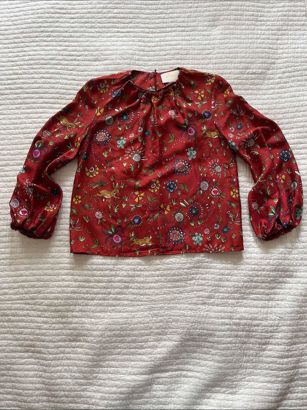 LA DoubleJ Red Floral Print 100% Silk Long-Sleeve Blouse